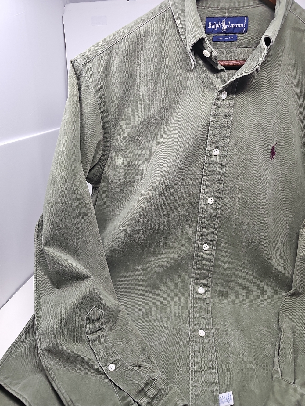 Vintage 90s Ralph Lauren Olive Green Long-Sleeve Button-Down Shirt - Picture 6 of 11